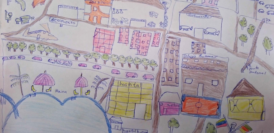Drawing by Shuar schoolboy about his future vision of his village, equipped with urban amenities, 2018.