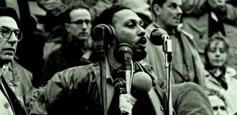 Stuart Hall speaking at a Campaign for Nuclear Disarmament demonstration, in Trafalgar Square in 1958.