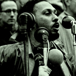 Stuart Hall speaking at a Campaign for Nuclear Disarmament demonstration, in Trafalgar Square in 1958.