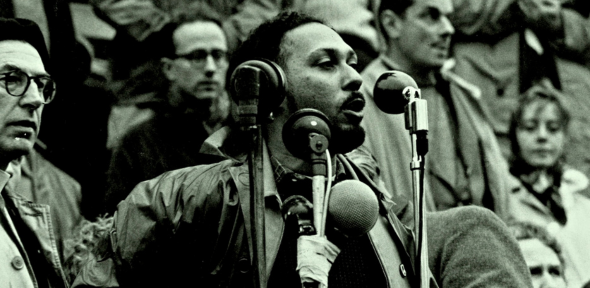 Stuart Hall speaking at a Campaign for Nuclear Disarmament demonstration, in Trafalgar Square in 1958.