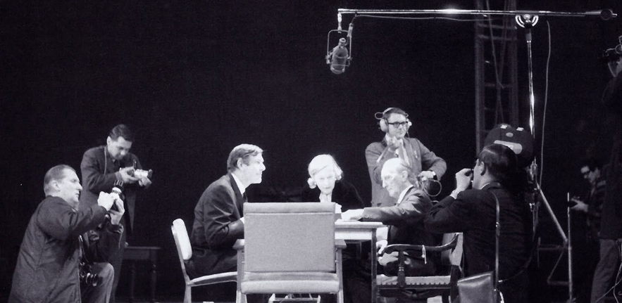 'Reunion' (1968). Avant-garde artist Marcel Duchamp playing chess against composer John Cage. Performance at the Ryerson Theatre in Toronto. (Photo Credit: musicworks magazine)